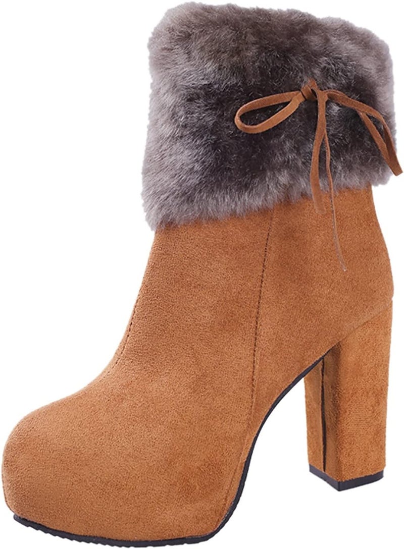 woobles Winter Boot for Women,Women Round Toe Platform Booties Ladies Cute Chunky High Heel Snow Ankle Boot Wedge Zipper Slip On Boot Causal Walking Dress Shoe (Brown, 10) - Image 1